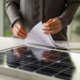 Solar panel and blurred person with papers on background, closeup-min